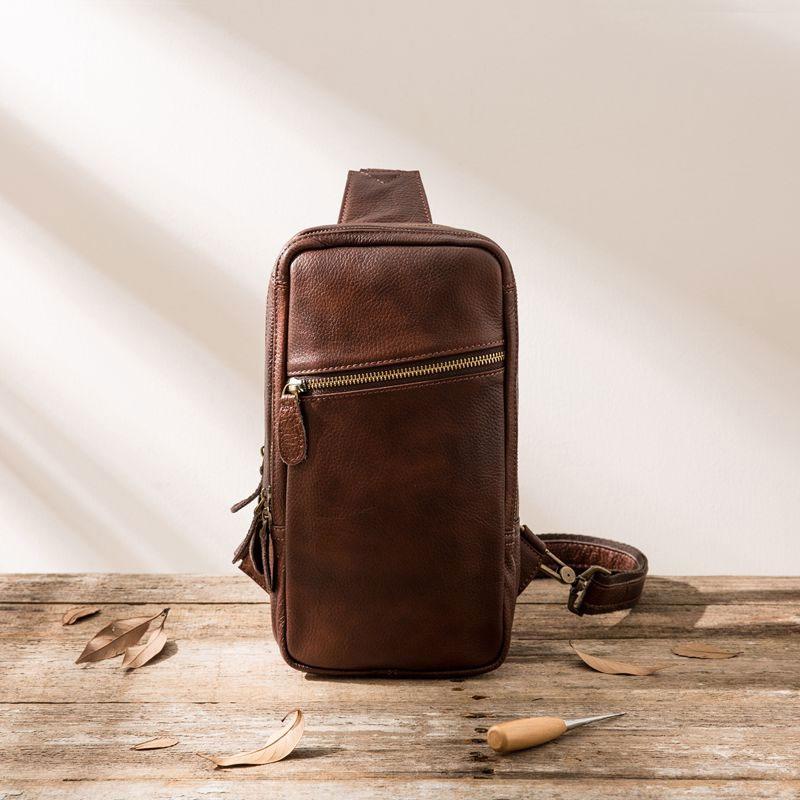 Coffee Leather Mens Sling Bag Sling Shoulder Bag Sling Backpacks for men