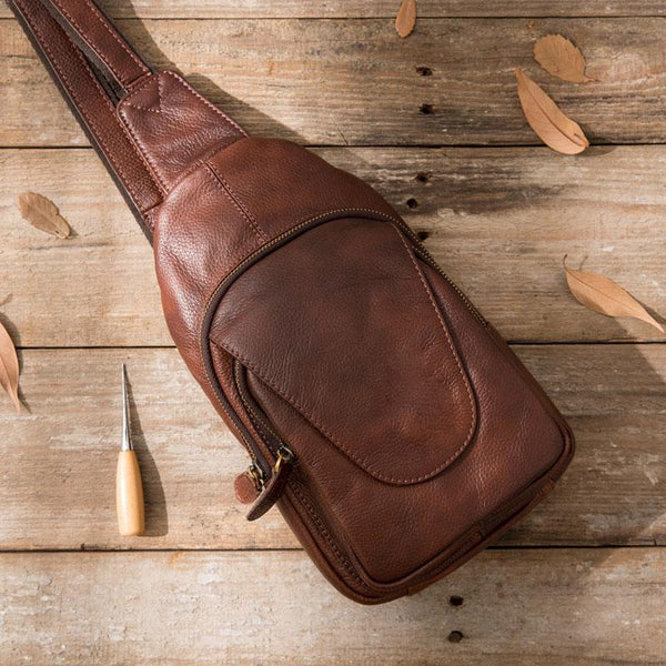 Coffee Leather Mens Sling Bag Sling Shoulder Bags Sling Backpacks for men - imessengerbags