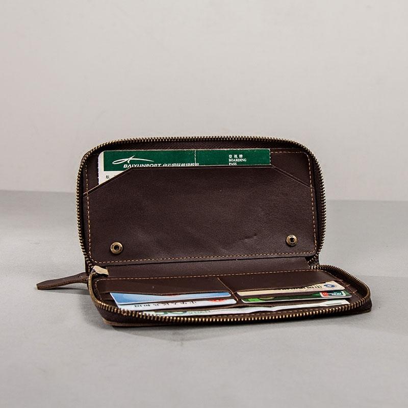 Coffee Leather Mens Zipper Travel Wallet Passport Wallet Clutch Wallets for Men - imessengerbags