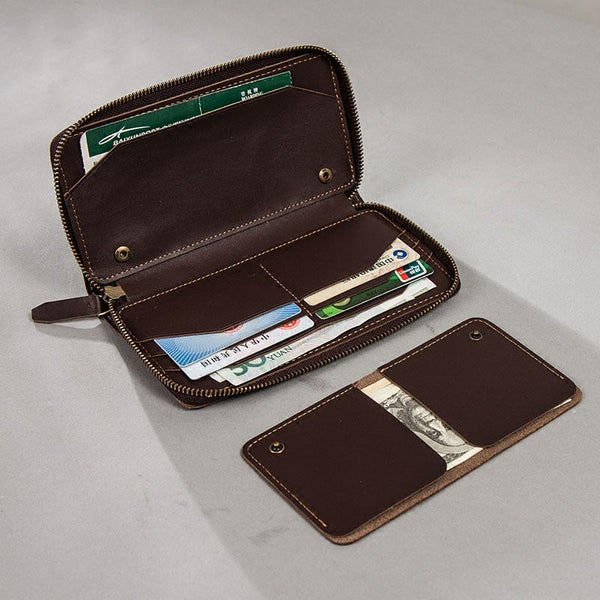 Coffee Leather Mens Zipper Travel Wallet Passport Wallet Clutch Wallets for Men - imessengerbags