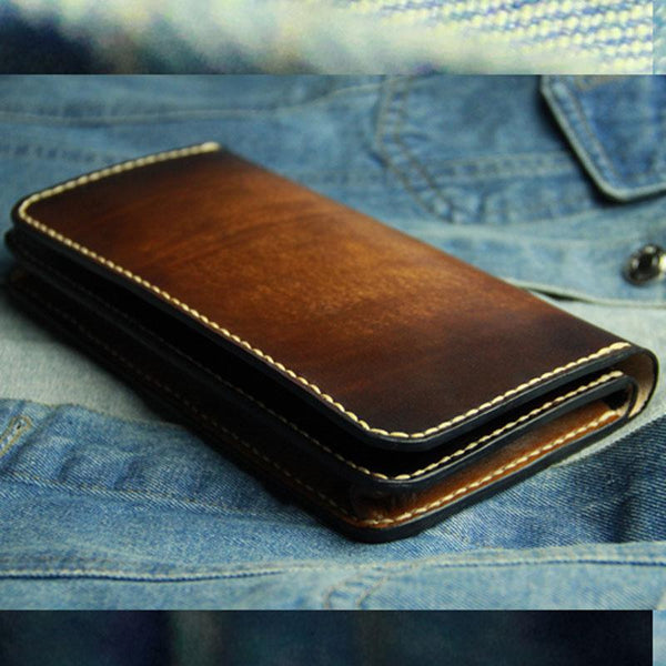 Coffee Vintage Leather Bifold Mens Large Long Wallet Leather Long Wallets for Men - imessengerbags