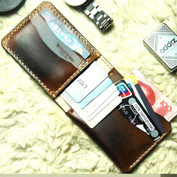 Coffee Vintage Leather Mens Slim Small Wallet Leather Bifold Wallets for Men - imessengerbags