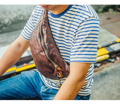 Cool Black Leather Mens Chest Bag Fanny Pack Waist Bags Coffee Leather Hip Bag Bum Bag For Men