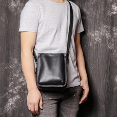 Cool Black LEATHER MENS Vertical SIDE BAGS COURIER BAG Black Vertical MESSENGER BAG FOR MEN