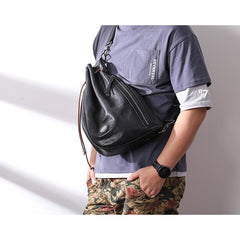 Cool Black Leather Men's Sling Pack Chest Bag One shoulder Backpack Crossbody Pack For Men - imessengerbags
