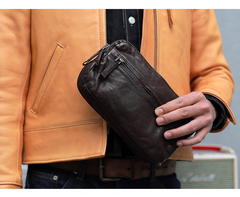 Cool Black Leather Mens Long Wallets Large Double Zipper Clutch Wallet Coffee Vintage Clutch Purse For Men - imessengerbags