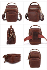 Brown Leather Men's Vertical Small Courier Bag Belt Pouch Mini Messenger Bag Belt Bag For Men