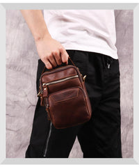 Brown Leather Men's Vertical Small Courier Bag Belt Pouch Mini Messenger Bag Belt Bag For Men