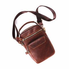 Brown Leather Men's Vertical Small Courier Bag Belt Pouch Mini Messenger Bag Belt Bag For Men