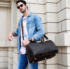 Cool Brown Leather Mens Weekender Bag Dark Coffee Travel Duffle Bag for Men