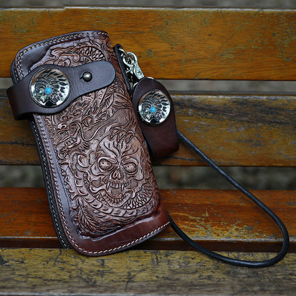 Cool Brown Leather Tooled Biker Wallet Handmade Dragon&Skull Biker Chain Wallet for Men