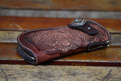 Cool Brown Leather Tooled Biker Wallet Handmade Dragon&Skull Biker Chain Wallet for Men