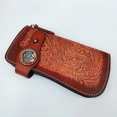 Cool Leather Tooled Biker Wallets Handmade Dragon&Skull Biker Chain Wallet for Men