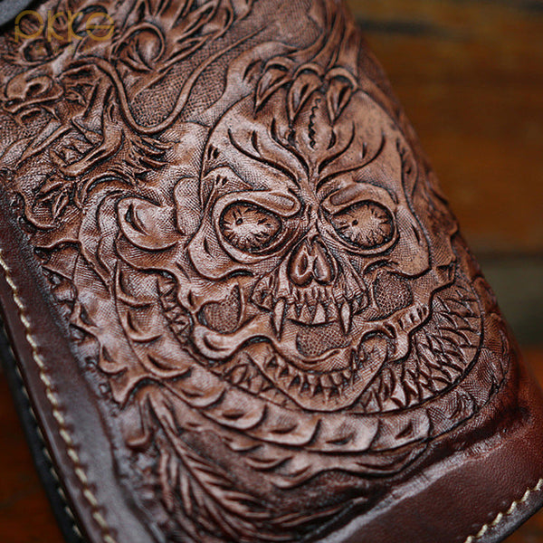 Cool Leather Tooled Biker Wallets Handmade Dragon&Skull Biker Chain Wallet for Men