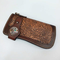 Cool Brown Leather Tooled Biker Wallet Handmade Dragon&Skull Biker Chain Wallet for Men