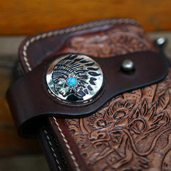 Cool Leather Tooled Biker Wallets Handmade Dragon&Skull Biker Chain Wallet for Men