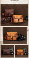 Cool Brown Men Leather Camera Side Bag Tan SLR Camera Leather Cube Messenger bag For Men