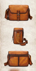 Cool Brown Men Leather Camera Side Bag Tan SLR Camera Leather Cube Messenger bag For Men