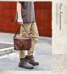 Cool Brown Men Leather Camera Side Bag Tan SLR Camera Leather Cube Messenger bag For Men