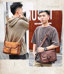 Cool Brown Men Leather Camera Side Bag Tan SLR Camera Leather Cube Messenger bag For Men