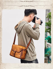 Cool Brown Men Leather Camera Side Bag Tan SLR Camera Leather Cube Messenger bag For Men