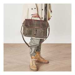 Waxed Canvas Leather Mens 14 inches Messenger Bag Briefcase Courier Side Bag for Men - imessengerbags