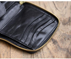 Cool Black Leather Mens billfold Biker Chain Wallet Coffee Bifold Zipper Biker Chain Wallet For Men - imessengerbags