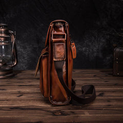 Cool Brown Leather Vertical Messenger Bag Men's Brown Side Bag Shoulder Bag Courier Bag For Men