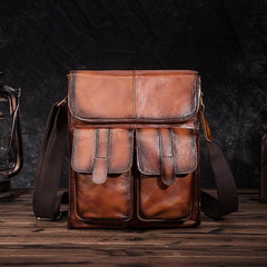 Cool Brown Leather Vertical Messenger Bag Men's Brown Side Bag Shoulder Bag Courier Bag For Men