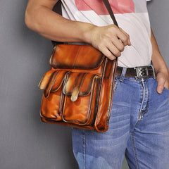 Cool Brown Leather Vertical Messenger Bag Men's Brown Side Bag Shoulder Bag Courier Bag For Men