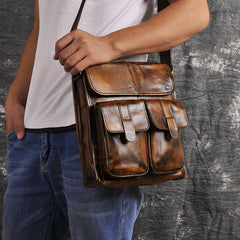 Cool Brown Leather Vertical Messenger Bag Men's Brown Side Bag Shoulder Bag Courier Bag For Men