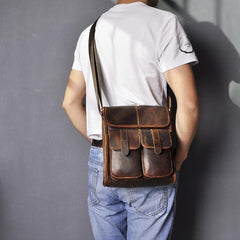 Cool Brown Leather Vertical Messenger Bag Men's Brown Side Bag Shoulder Bag Courier Bag For Men