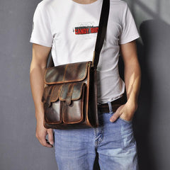 Cool Brown Leather Vertical Messenger Bag Men's Brown Side Bag Shoulder Bag Courier Bag For Men