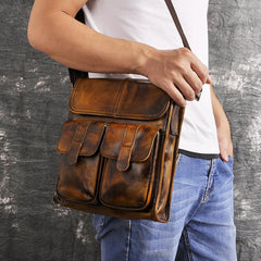 Cool Brown Leather Vertical Messenger Bag Men's Brown Side Bag Shoulder Bag Courier Bag For Men