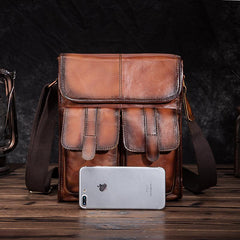 Cool Brown Leather Vertical Messenger Bag Men's Brown Side Bag Shoulder Bag Courier Bag For Men