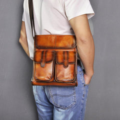 Cool Brown Leather Vertical Messenger Bag Men's Brown Side Bag Shoulder Bag Courier Bag For Men