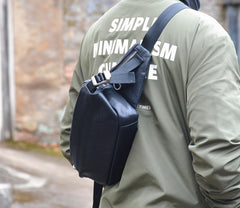 Black Leather Fanny Pack Crossbody Men's Leather Chest Bag Leather Crossbody Fanny Pack 