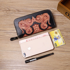 Cool Leather Floral Tooled Zipper Around Long Wallet Handmade Clutch Zipper Wallet for Men