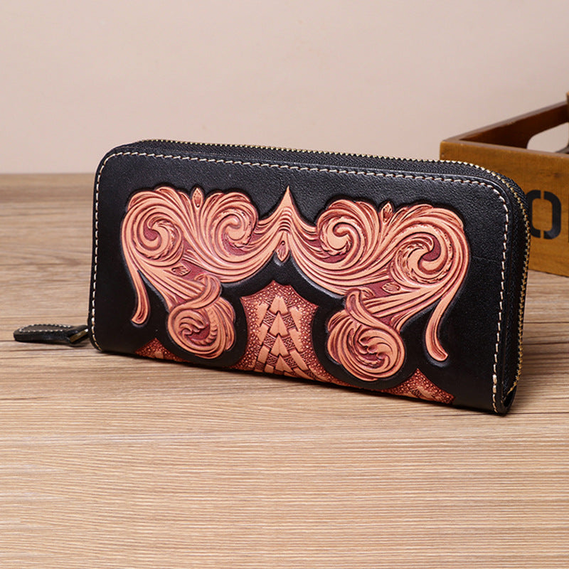 Cool Leather Floral Tooled Zipper Around Long Wallet Handmade Clutch Zipper Wallet for Men