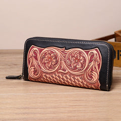 Handmade Leather Floral Tooled Zipper Around Long Wallets Cool Clutch Zipper Wallet for Men