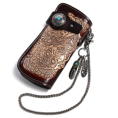 Cool Coffee Leather Tooled Dragon&Skull Biker Wallet Handmade Biker Chain Wallet for Men