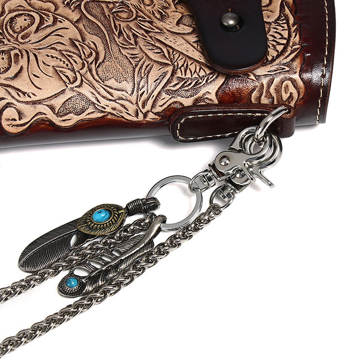 Handmade Leather Tibetan Tooled Mens billfold Wallet Cool Chain Wallet