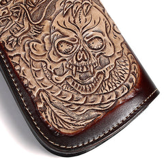 Cool Black Leather Tooled Dragon&Skull Biker Wallet Handmade Biker Chain Wallet for Men