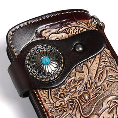 Cool Coffee Leather Tooled Dragon&Skull Biker Wallet Handmade Biker Chain Wallet for Men