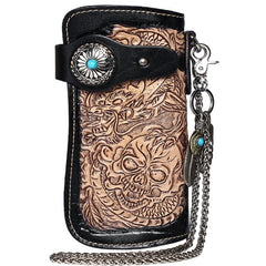 Cool Black Leather Tooled Dragon&Skull Biker Wallet Handmade Biker Chain Wallet for Men