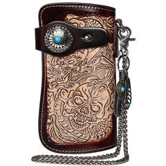 Cool Black Leather Tooled Dragon&Skull Biker Wallet Handmade Biker Chain Wallet for Men