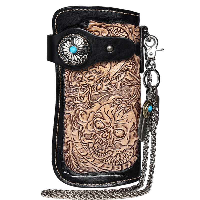 Handmade Leather Tooled Skull Mens Chain Biker Wallet Cool Leather