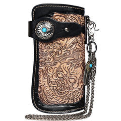 Cool Black Leather Tooled Dragon&Skull Biker Wallet Handmade Biker Chain Wallet for Men