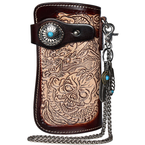 Cool Coffee Leather Tooled Dragon&Skull Biker Wallet Handmade Biker Chain Wallet for Men