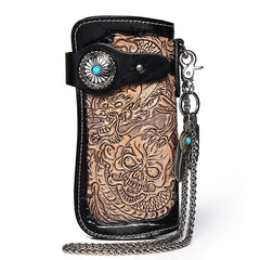 Cool Black Leather Tooled Dragon&Skull Biker Wallet Handmade Biker Chain Wallet for Men